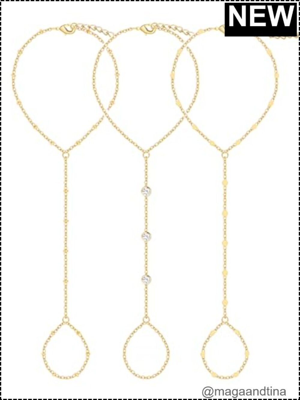 3 Stackable 14K Gold-Plated Hand Chain Bracelets for Women